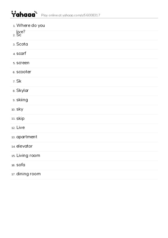 Word list with meanings worksheet for Where do you live?, Sc, Scota and 14 more