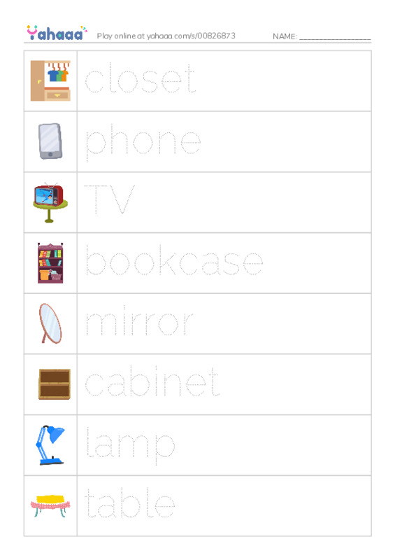 Picture and word rows worksheet for Room