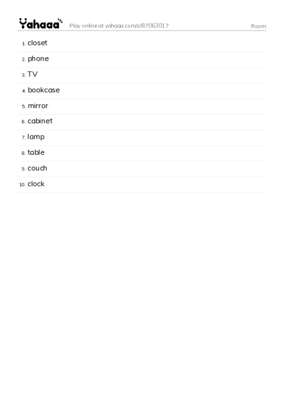 Word list with meanings worksheet for Room