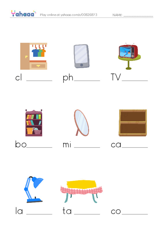 Finish the word worksheet for Room