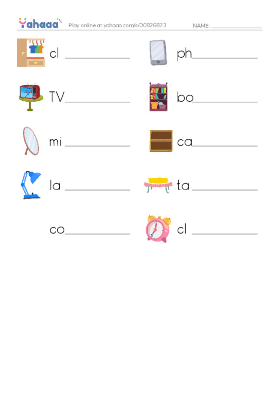 Write the word rows worksheet for Room