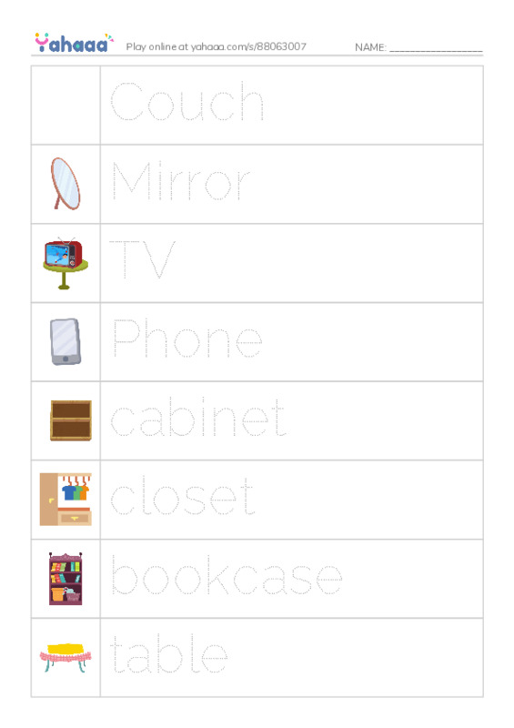 Picture and word rows worksheet for Room