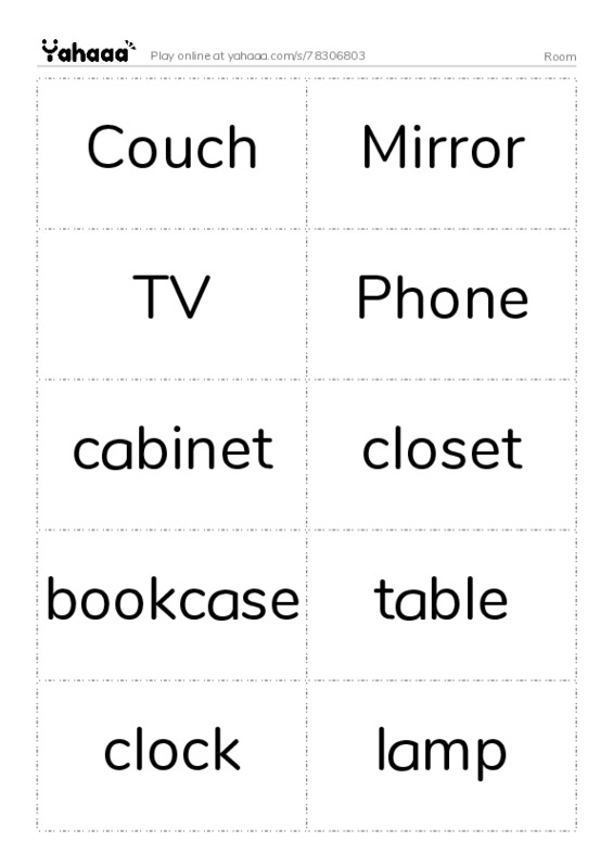 Word flashcards worksheet for Room