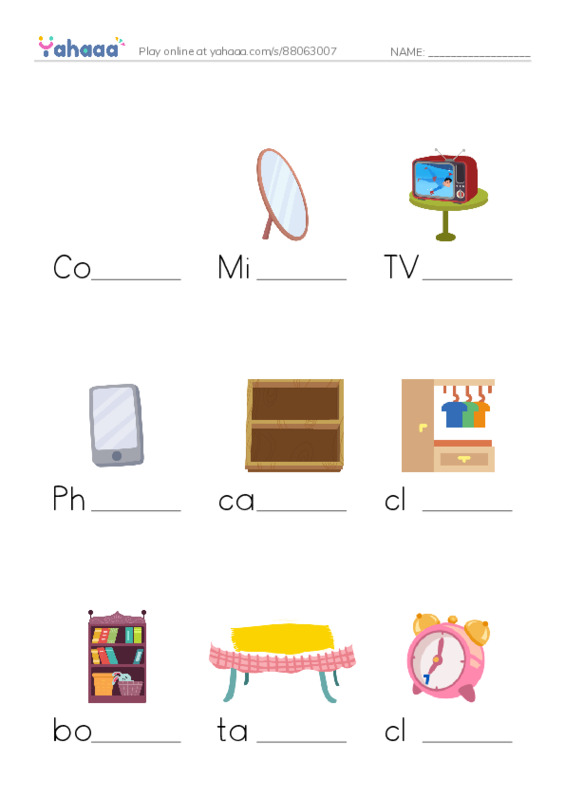 Finish the word worksheet for Room