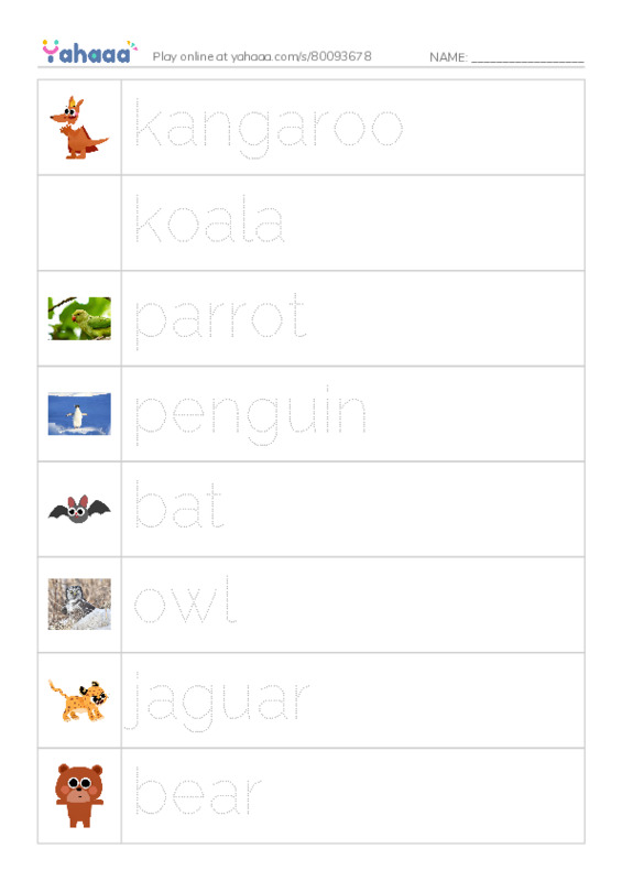 Picture and word rows worksheet for Wild animals