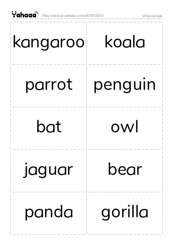 Word flashcards worksheet for Wild animals