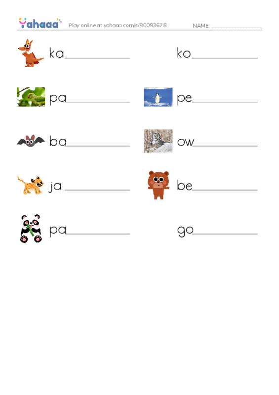 Write the word rows worksheet for Wild animals