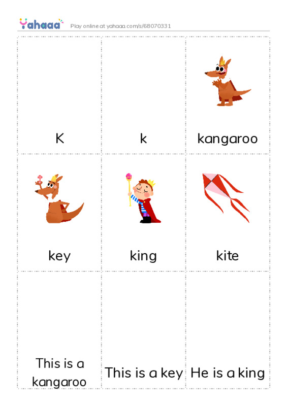 Picture flashcards worksheet for K, k, kangaroo and 7 more