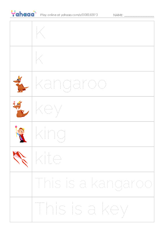 Picture and word rows worksheet for K, k, kangaroo and 7 more