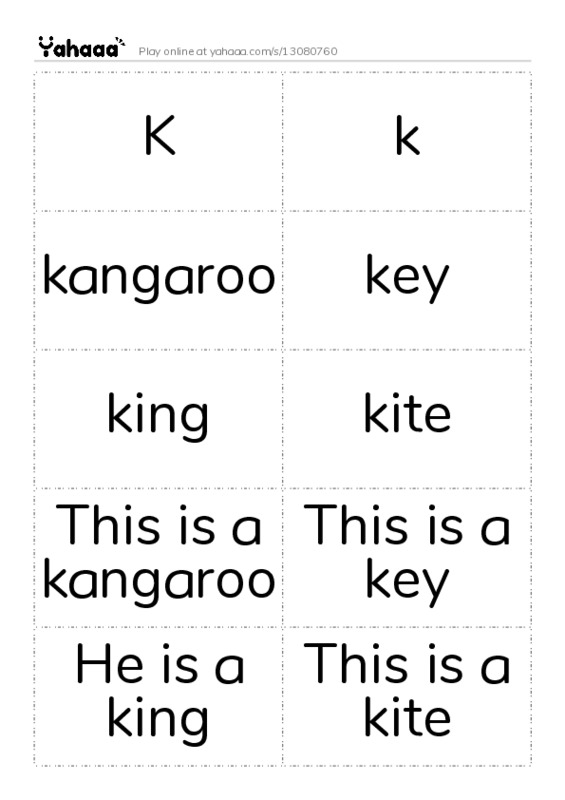 Word flashcards worksheet for K, k, kangaroo and 7 more
