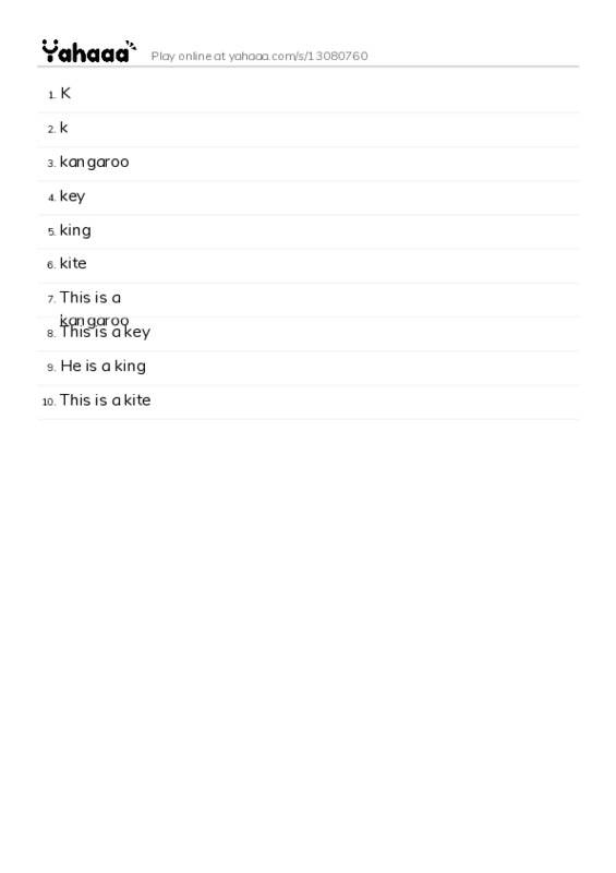 Word list with meanings worksheet for K, k, kangaroo and 7 more