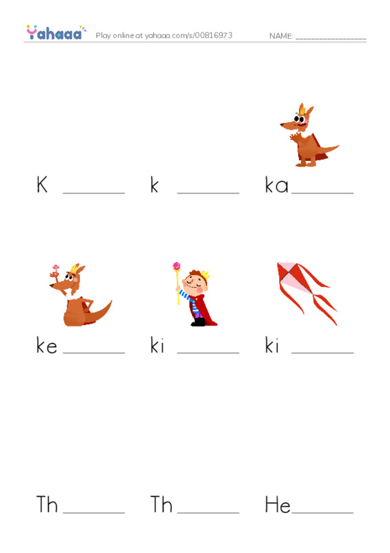 Finish the word worksheet for K, k, kangaroo and 7 more