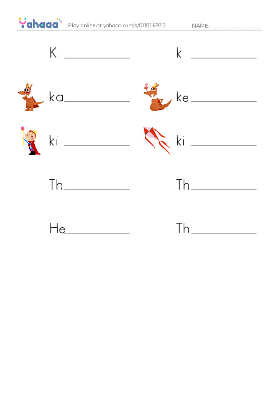 Write the word rows worksheet for K, k, kangaroo and 7 more
