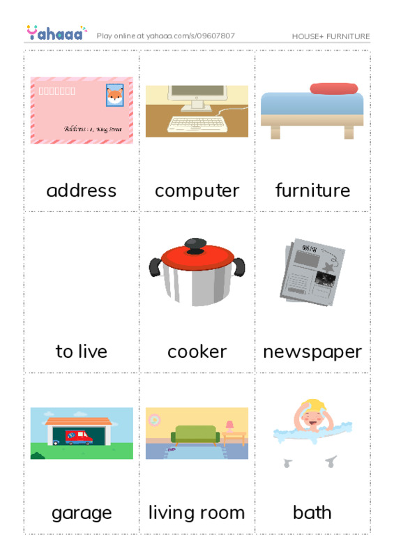 Picture flashcards worksheet for HOUSE+ FURNITURE