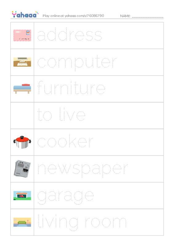 Picture and word rows worksheet for HOUSE+ FURNITURE