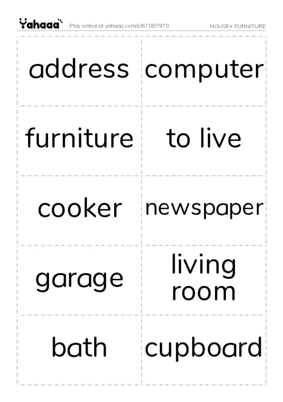 Word flashcards worksheet for HOUSE+ FURNITURE