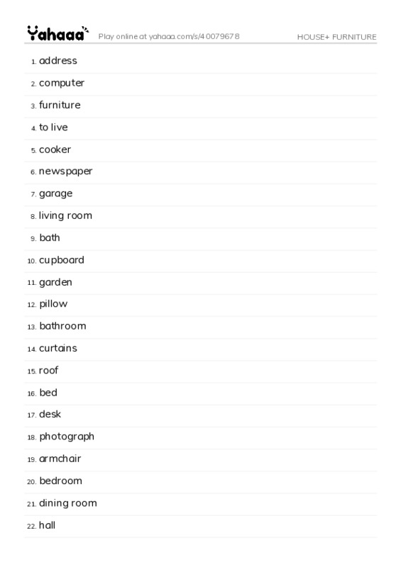 Word list with meanings worksheet for HOUSE+ FURNITURE