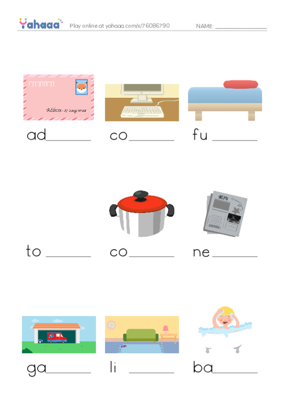Finish the word worksheet for HOUSE+ FURNITURE