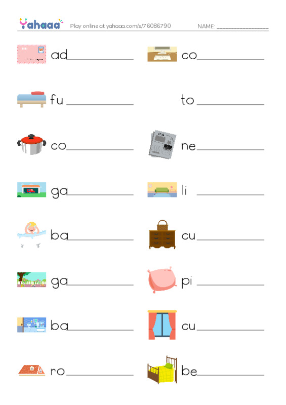 Write the word rows worksheet for HOUSE+ FURNITURE
