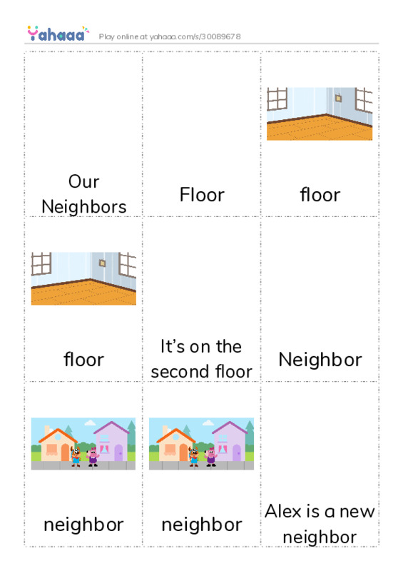 Picture flashcards worksheet for Our Neighbors, floor, neighbor and 1 more