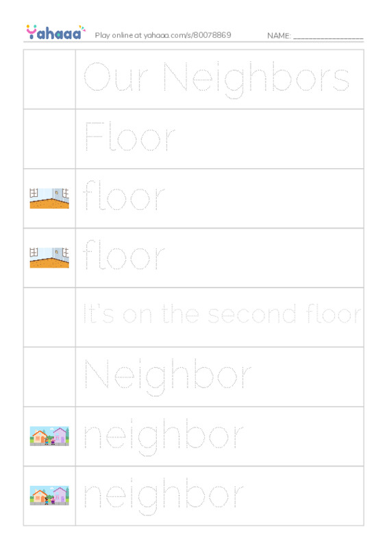 Picture and word rows worksheet for Our Neighbors, floor, neighbor and 1 more