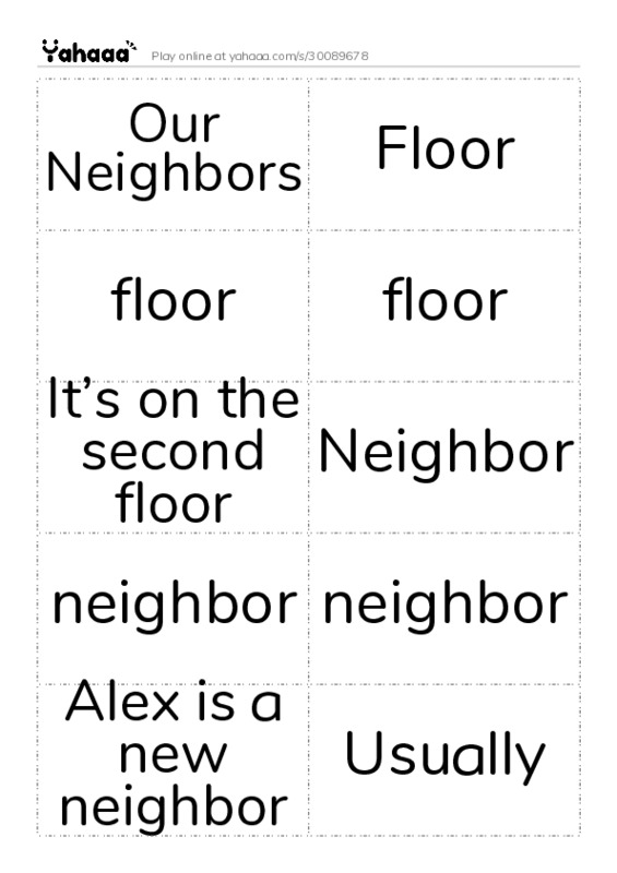 Word flashcards worksheet for Our Neighbors, floor, neighbor and 1 more