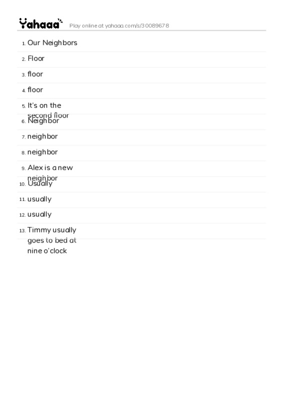 Word list with meanings worksheet for Our Neighbors, floor, neighbor and 1 more