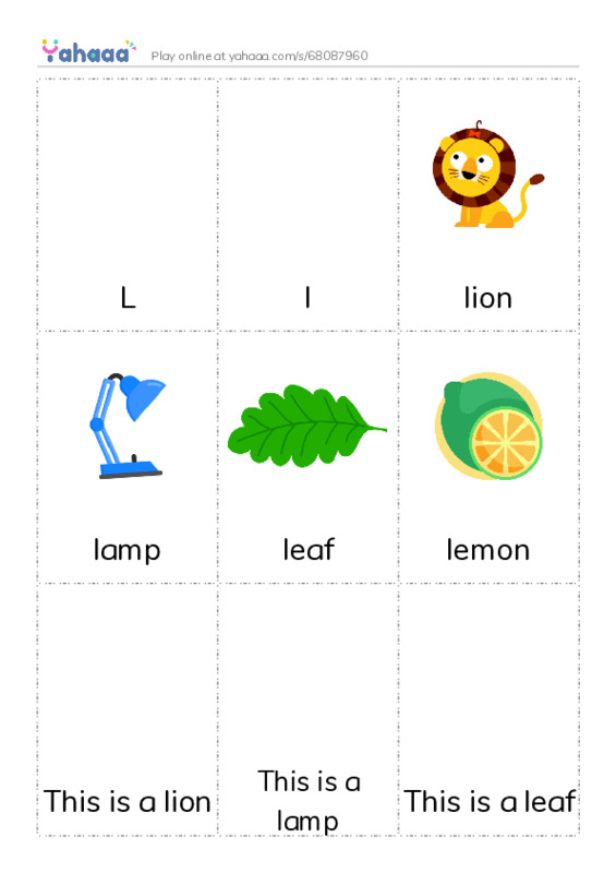 Picture flashcards worksheet for L, l, lion and 7 more