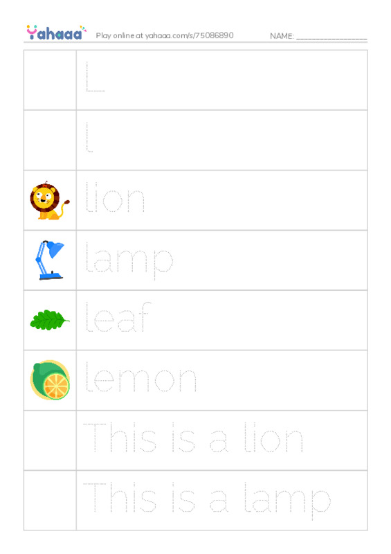 Picture and word rows worksheet for L, l, lion and 7 more