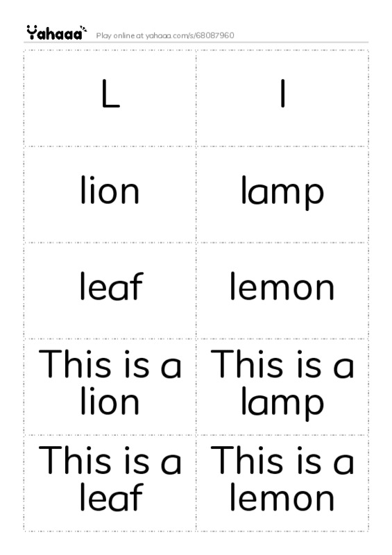 Word flashcards worksheet for L, l, lion and 7 more