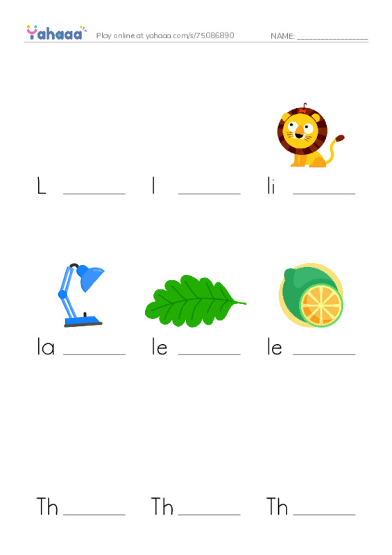 Finish the word worksheet for L, l, lion and 7 more