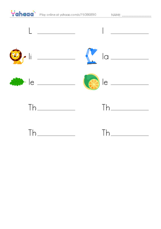 Write the word rows worksheet for L, l, lion and 7 more
