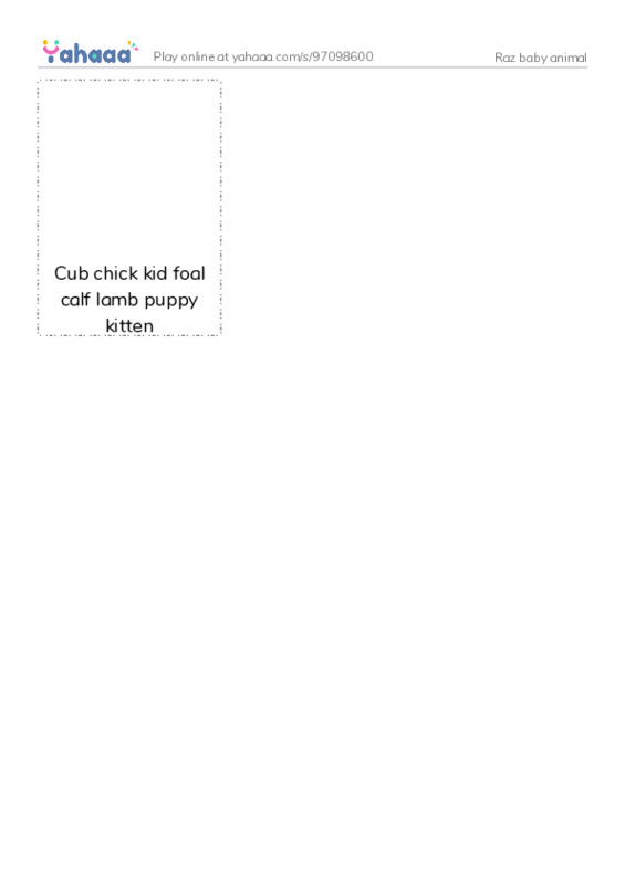 Picture flashcards worksheet for Raz baby animal