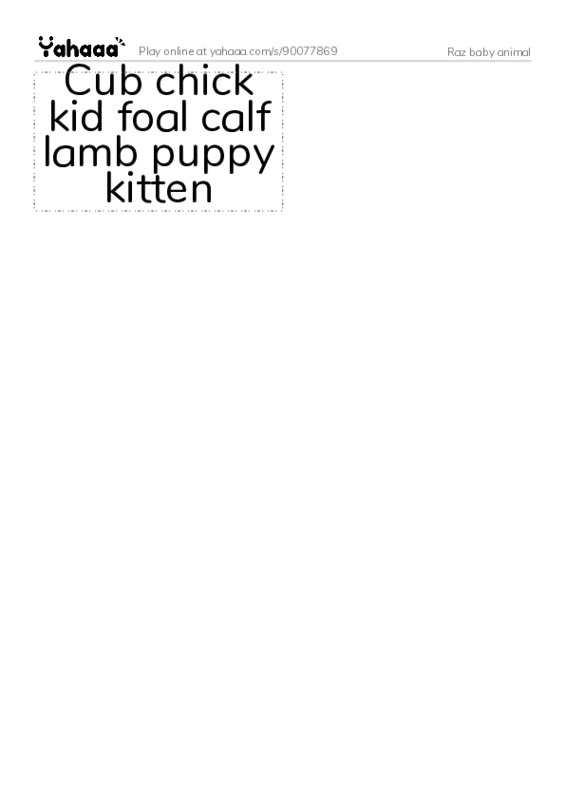 Word flashcards worksheet for Raz baby animal