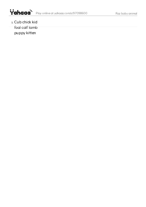 Word list with meanings worksheet for Raz baby animal