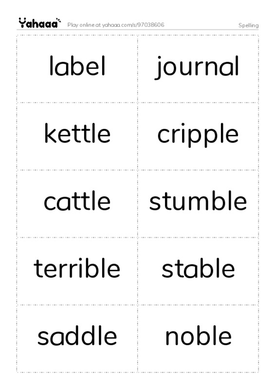 Word flashcards worksheet for Spelling