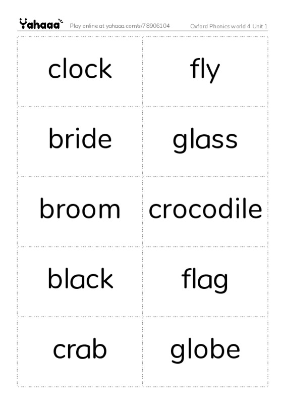 Word flashcards worksheet for Oxford Phonics world 4 Unit 1