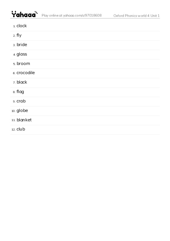 Word list with meanings worksheet for Oxford Phonics world 4 Unit 1