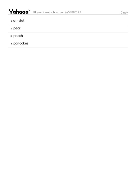 Word list with meanings worksheet for Cindy