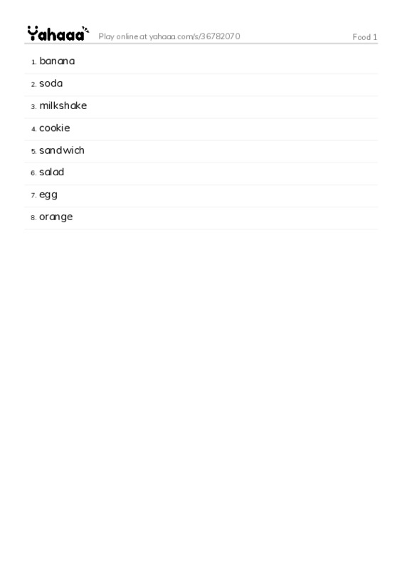 Word list with meanings worksheet for Food 1