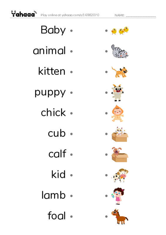 Draw a line to match worksheet for Baby animals razkids
