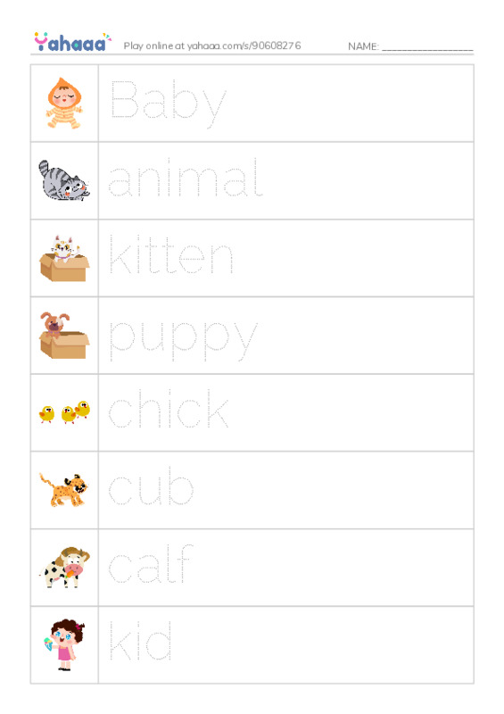 Picture and word rows worksheet for Baby animals razkids