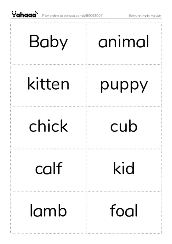 Word flashcards worksheet for Baby animals razkids