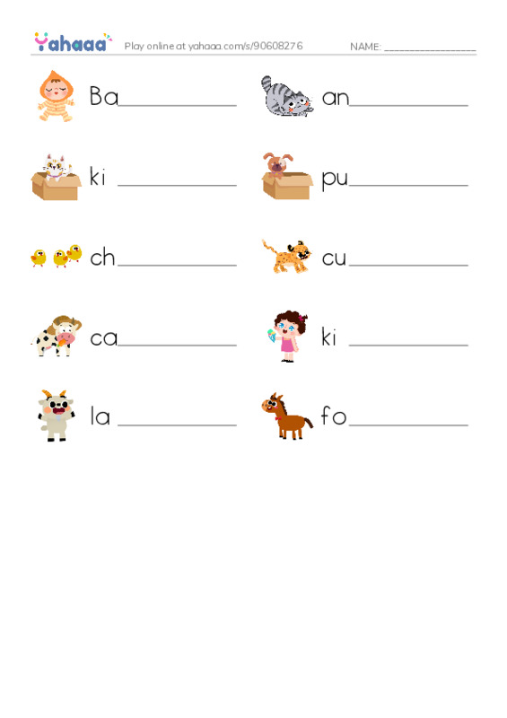 Write the word rows worksheet for Baby animals razkids