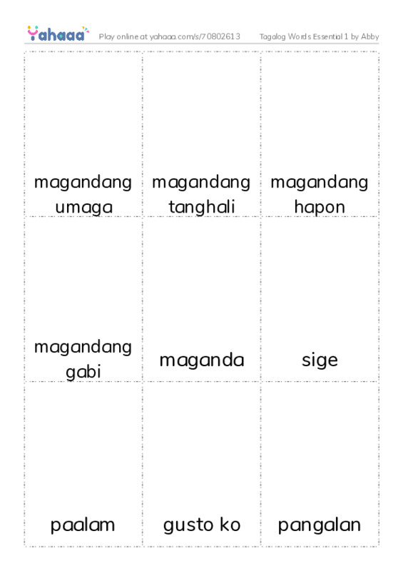 Picture flashcards worksheet for Tagalog Words Essential 1 by Abby