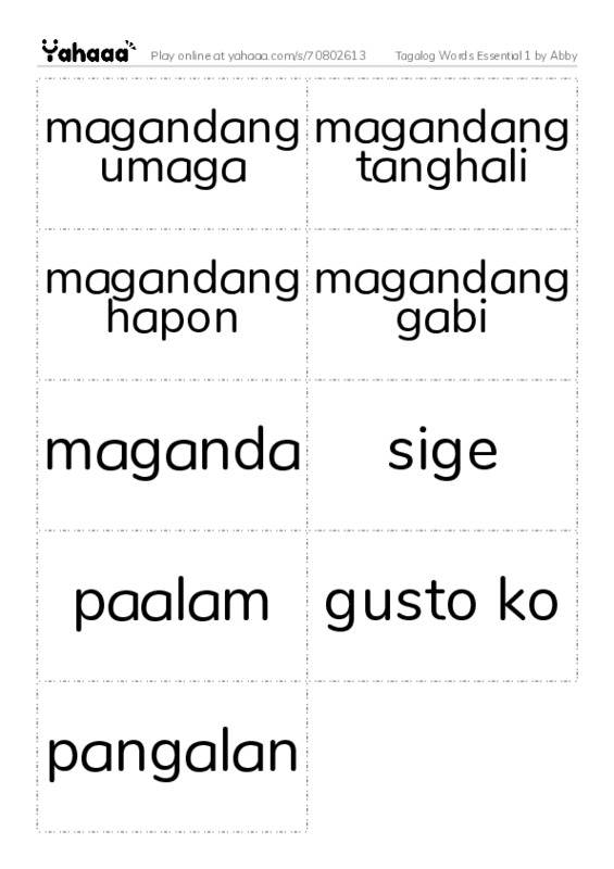 Word flashcards worksheet for Tagalog Words Essential 1 by Abby
