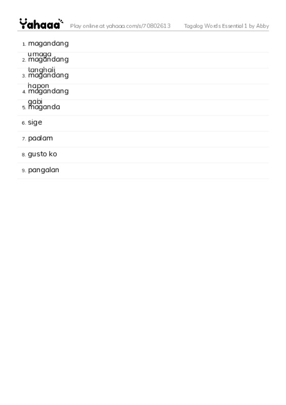 Word list with meanings worksheet for Tagalog Words Essential 1 by Abby