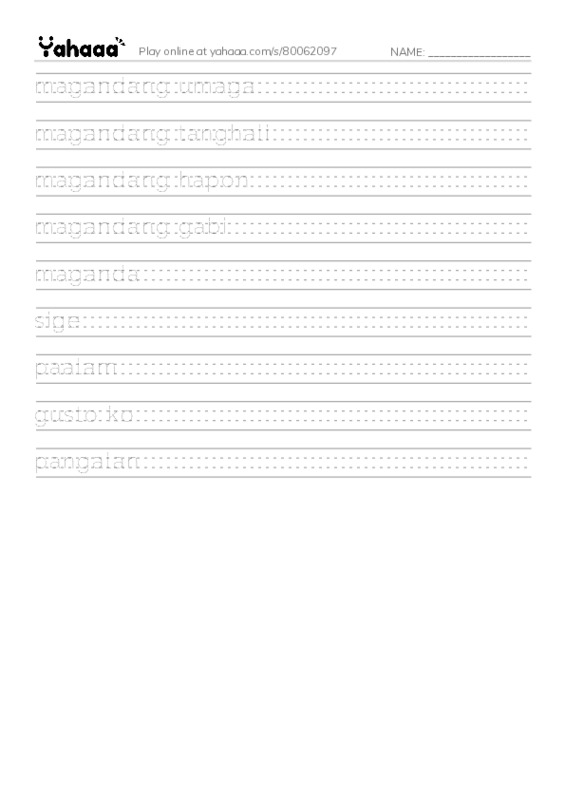 Handwriting lines worksheet for Tagalog Words Essential 1 by Abby