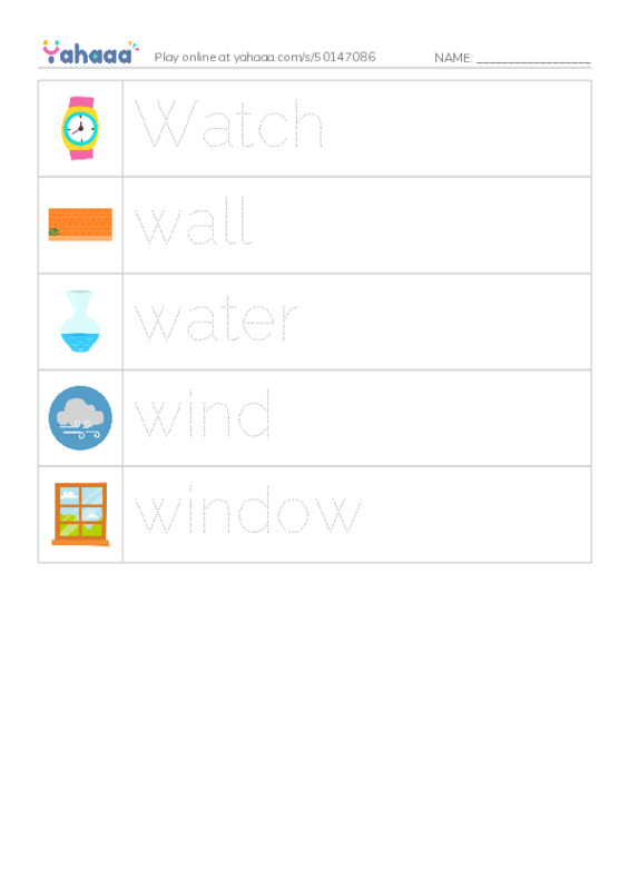 Picture and word rows worksheet for Letter w