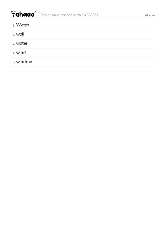 Word list with meanings worksheet for Letter w